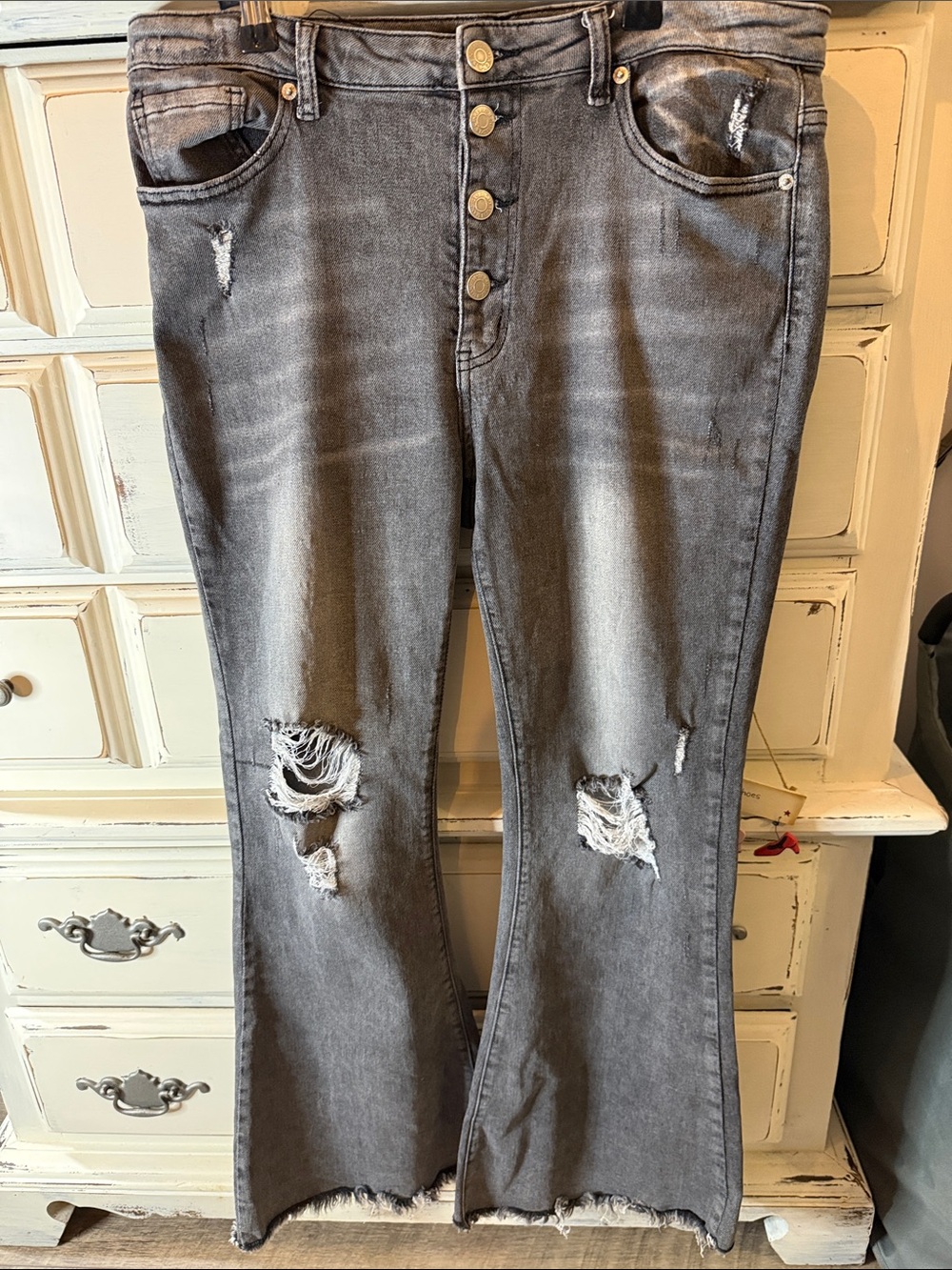 Risen Women's Distressed Gray Button-Fly Flare Jeans